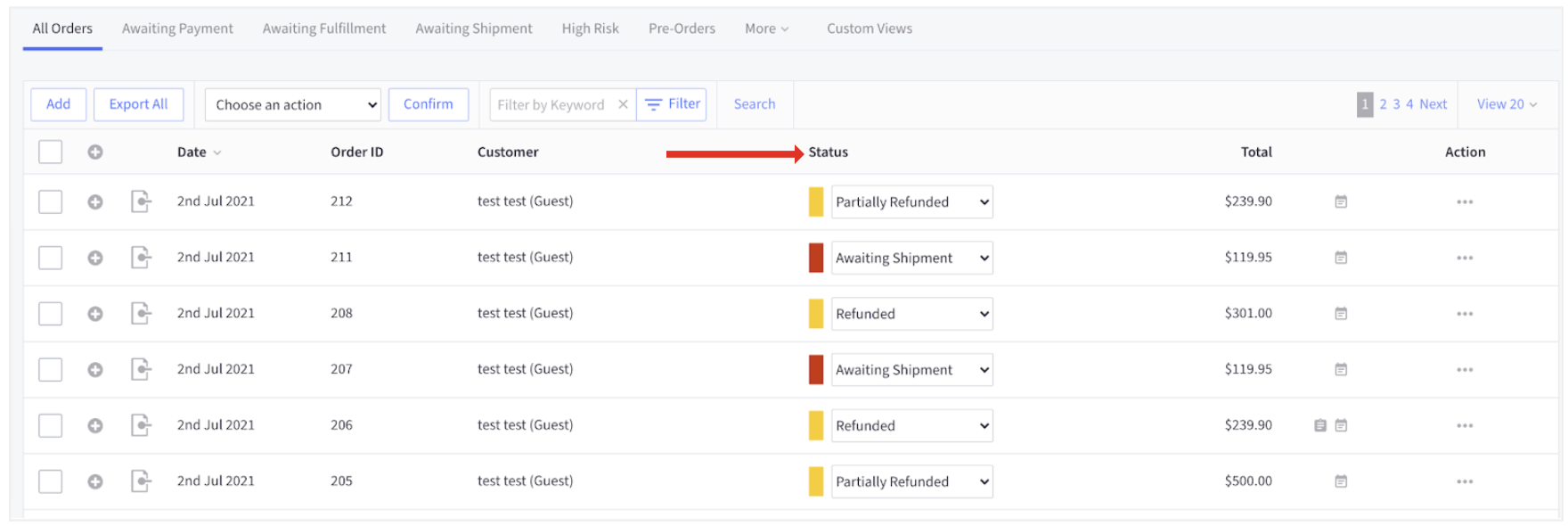 changes/order statuses