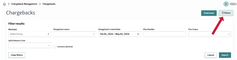 hub chargebacks filter