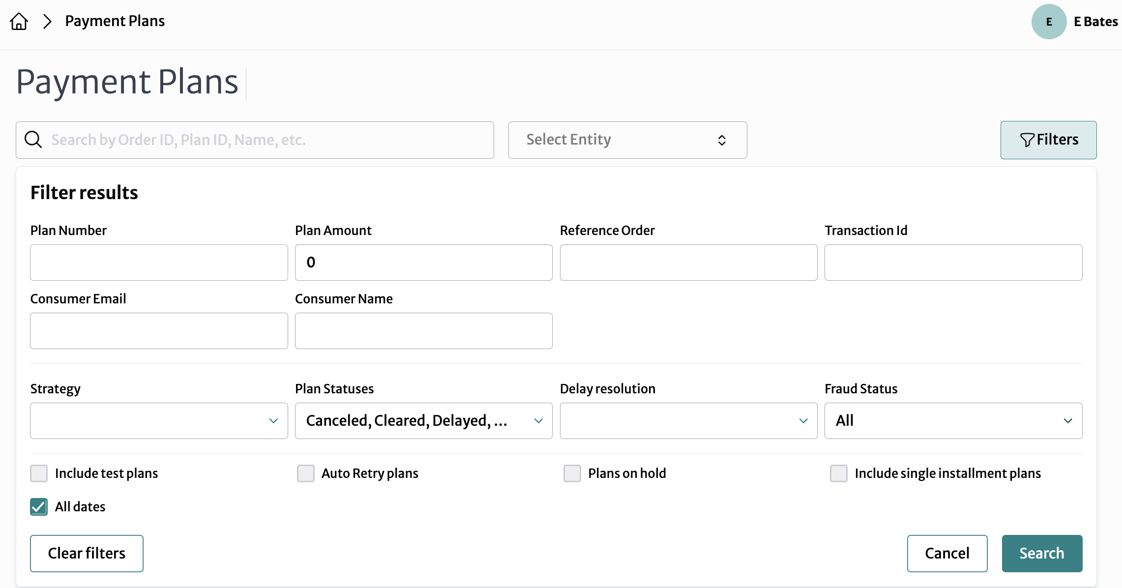 payment plans filter results