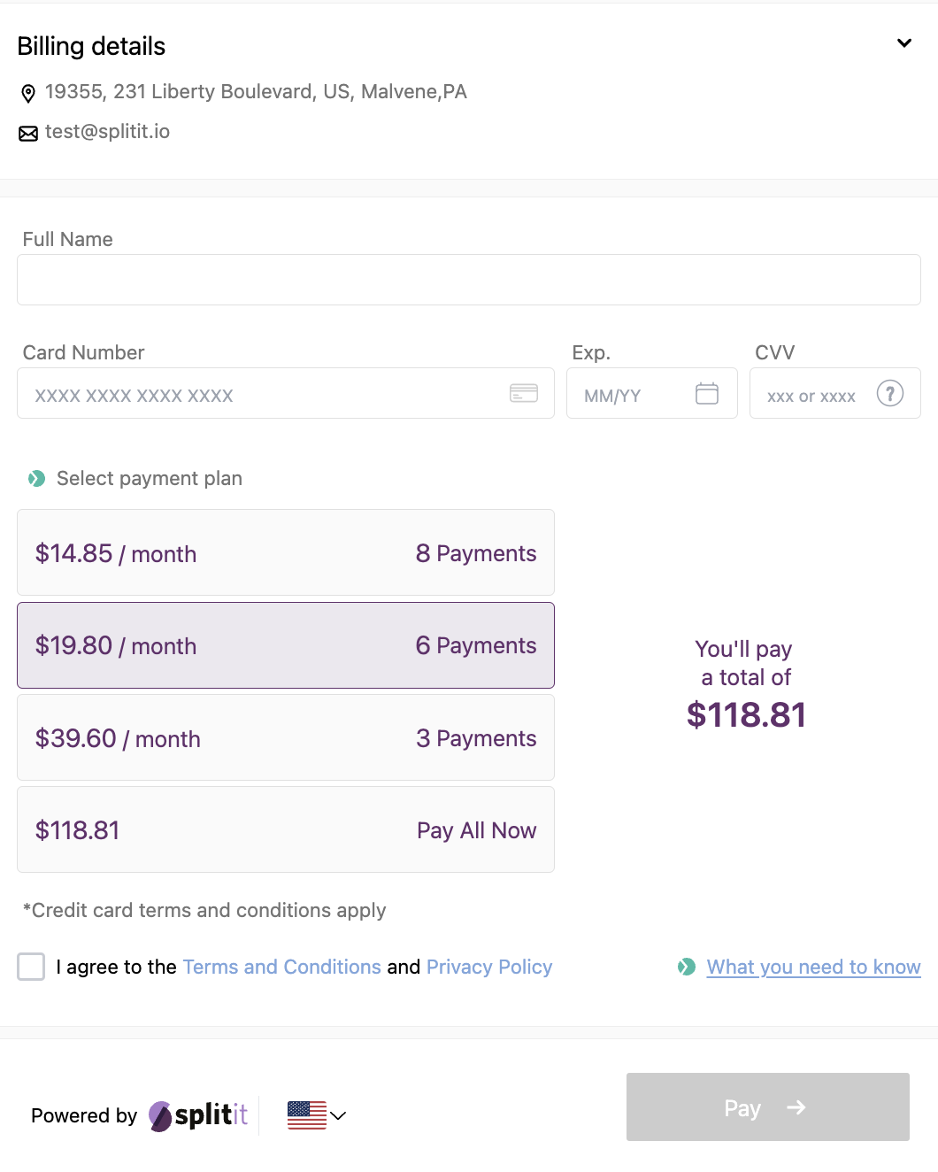 splitit checkout form