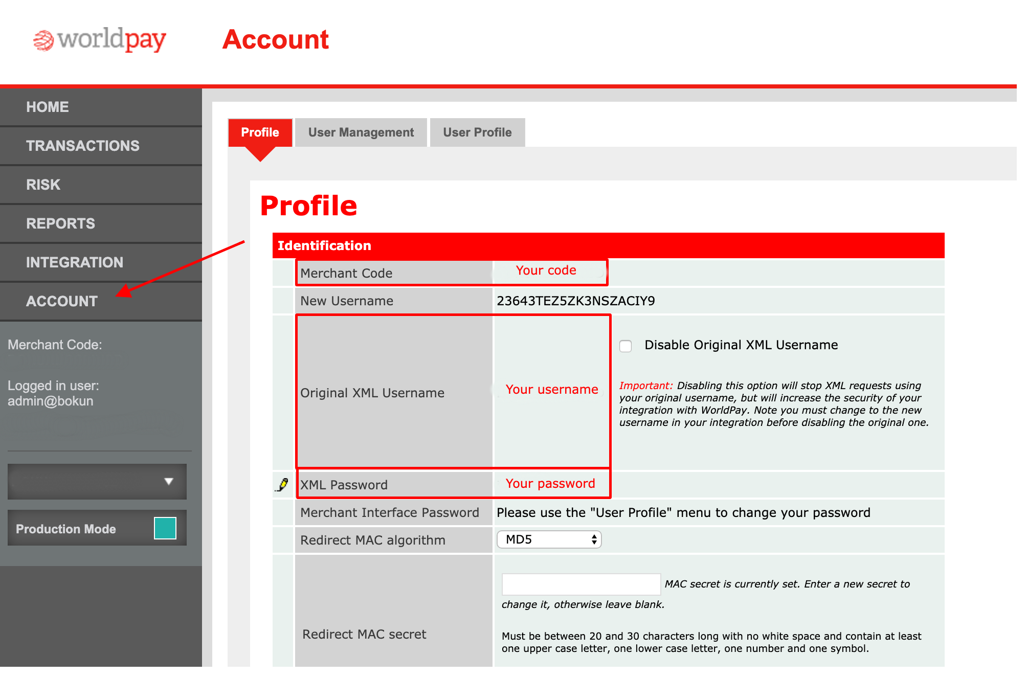 fetch merchant code and xml password